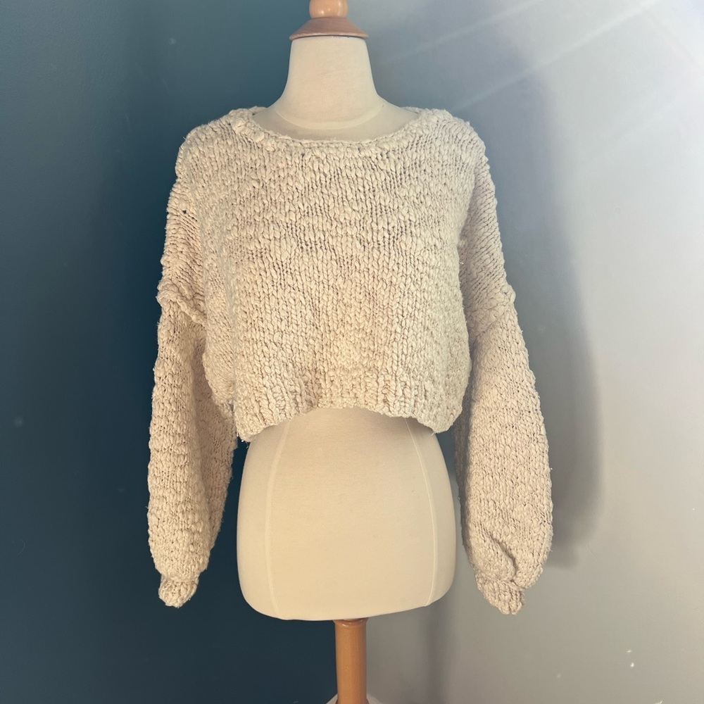 Pilcro Anthropologie Cropped Chunky Knit Sweater Cream Balloon Sleeve Small - Picture 2 of 8